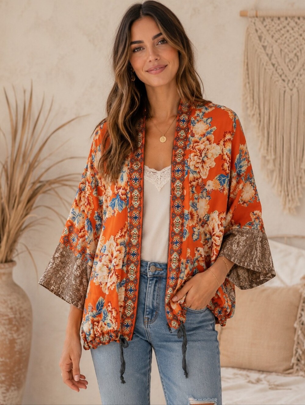 456.Free People Bohemian Light Zip Up Oversized Kimono Jacket